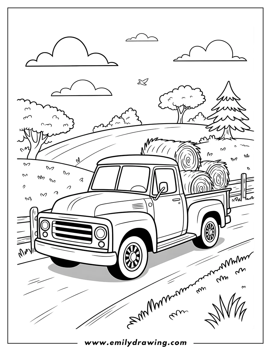 Line art of a vintage-style pickup truck carrying three large hay bales in its bed, driving on a dirt road through a hilly field with trees and clouds.