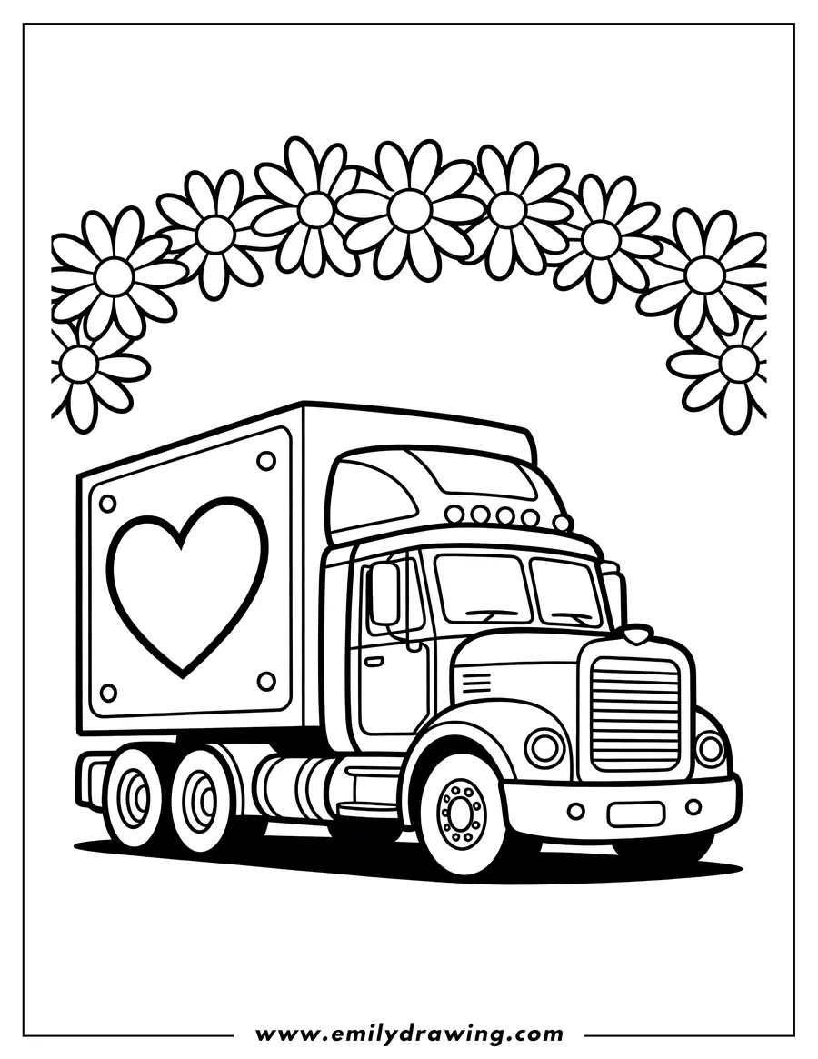 Line art of a truck with a large heart on its cargo bay, surrounded by a border of flowers.