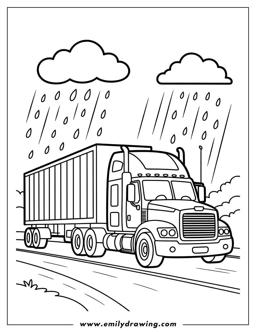 Line art of a large semi-truck with a trailer driving on a road in the rain, with two rain clouds above