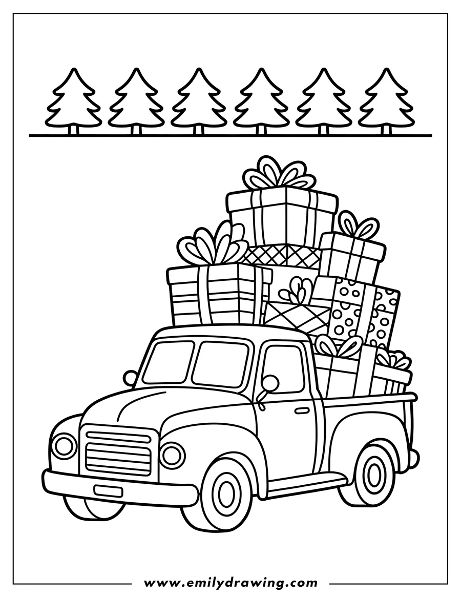 Line art of a vintage pickup truck loaded with many wrapped presents, with a row of small Christmas trees at the top of the page.