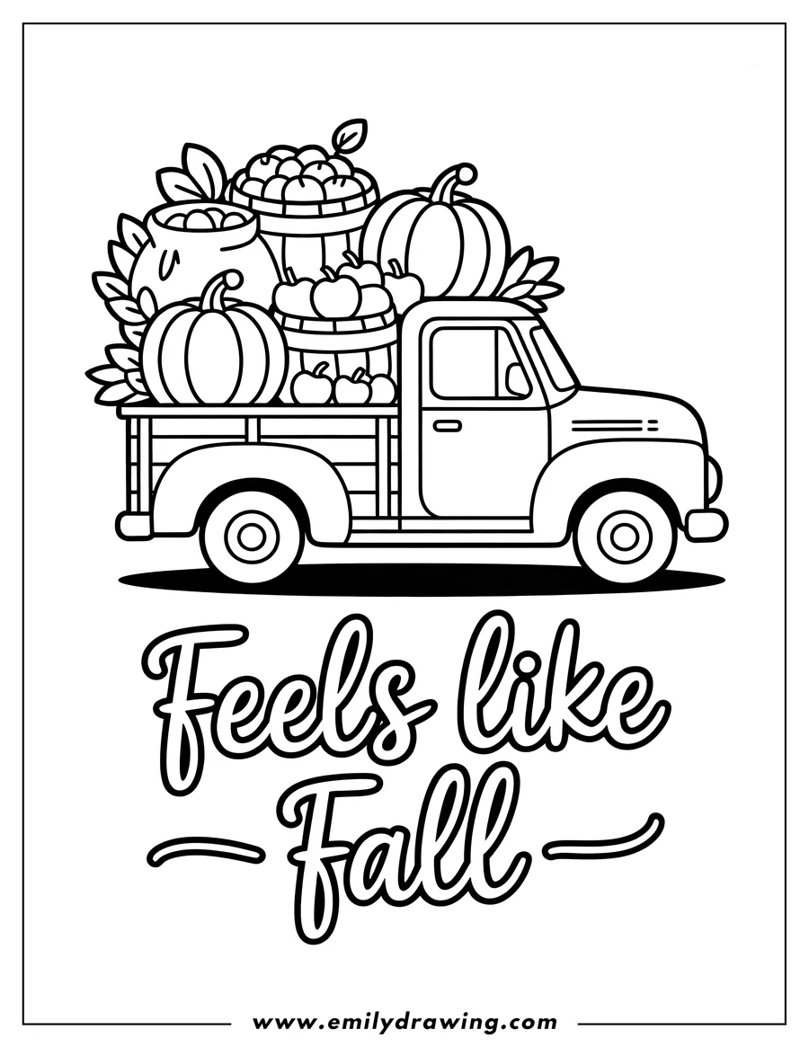 Line art of a vintage pickup truck filled with pumpkins, apples in barrels, and fall leaves