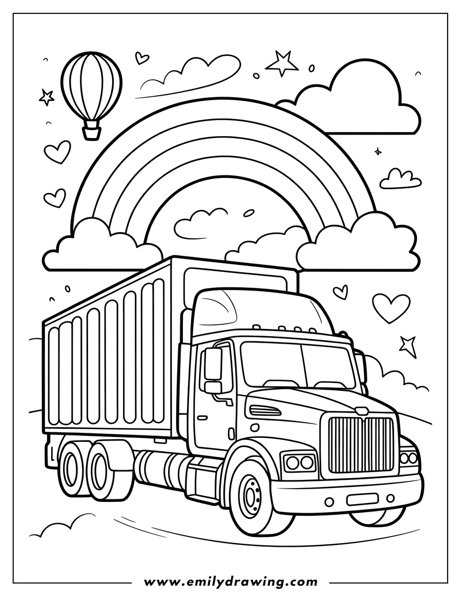 Line art of a large semi-truck with a cargo trailer driving under a rainbow, with clouds, hearts, stars, and a hot air balloon in the background.