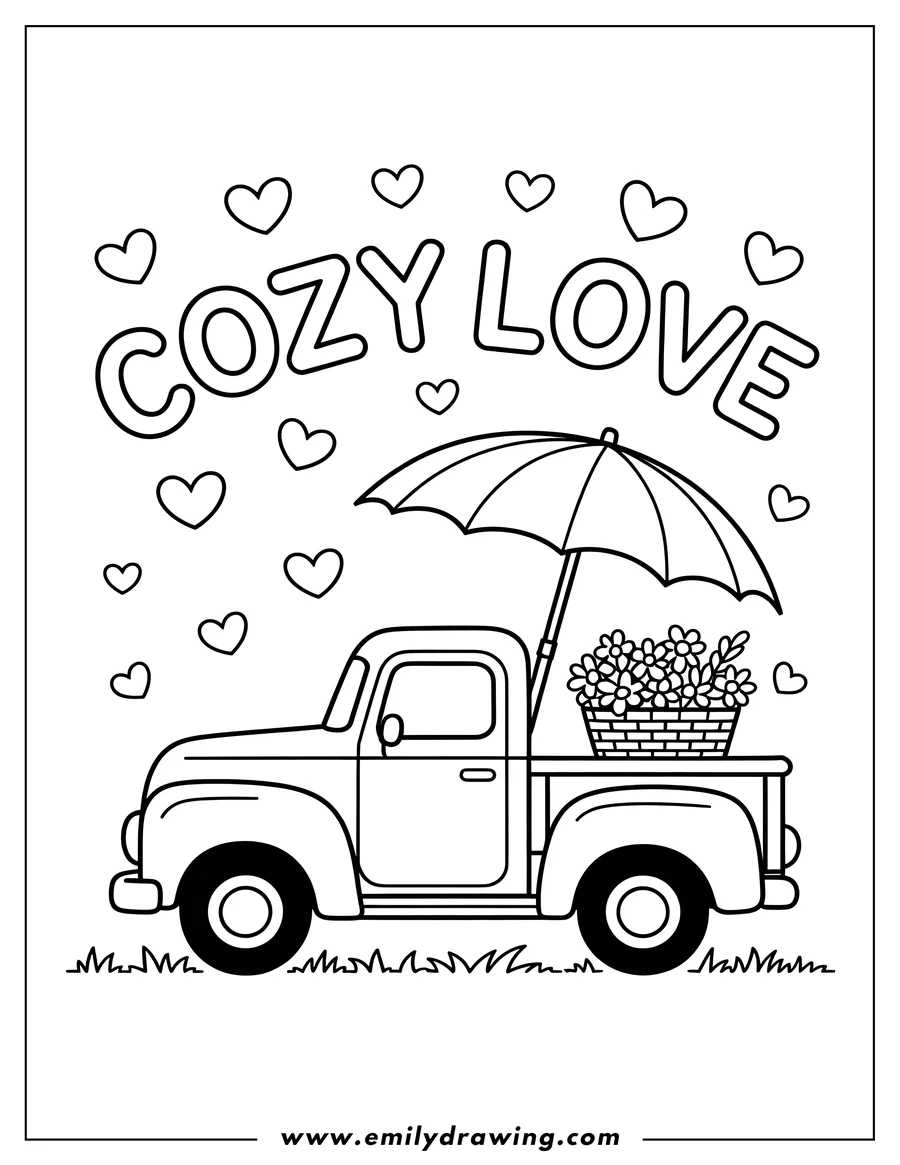 Line art of a vintage pickup truck with an open umbrella and a basket of flowers in its bed, surrounded by floating hearts and the words 