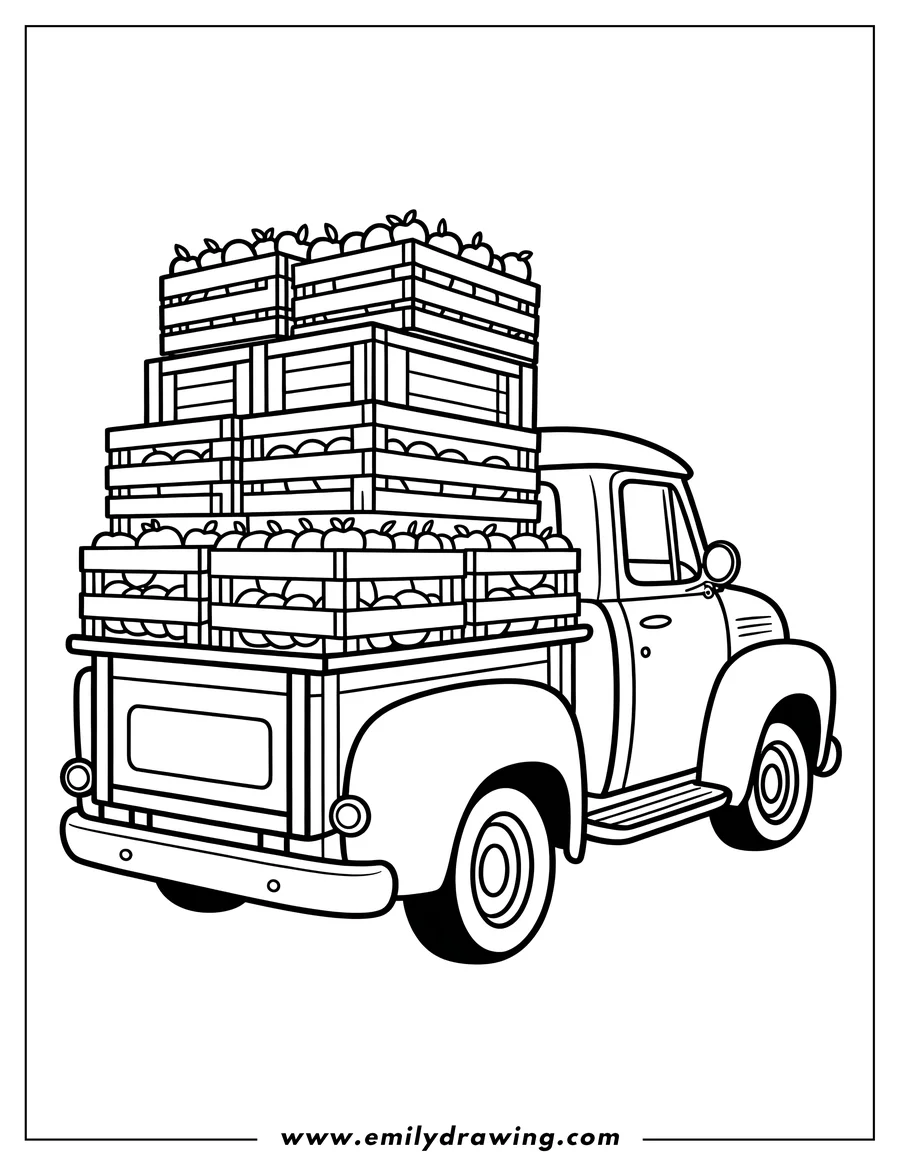 Line art of a vintage pickup truck filled with wooden crates overflowing with apples in its bed.