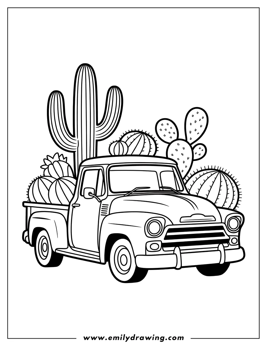 Line art of a vintage pickup truck filled with various cacti in its bed, surrounded by more cacti.