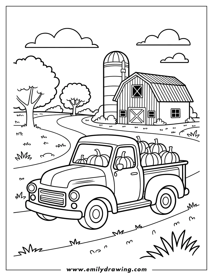 Line art of a vintage pickup truck filled with pumpkins, parked on a winding road with a barn and silo in the background