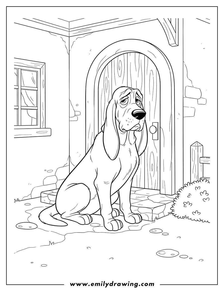 Doodle style coloring picture of trusty the bloodhound with a sad expression, sitting outside a building