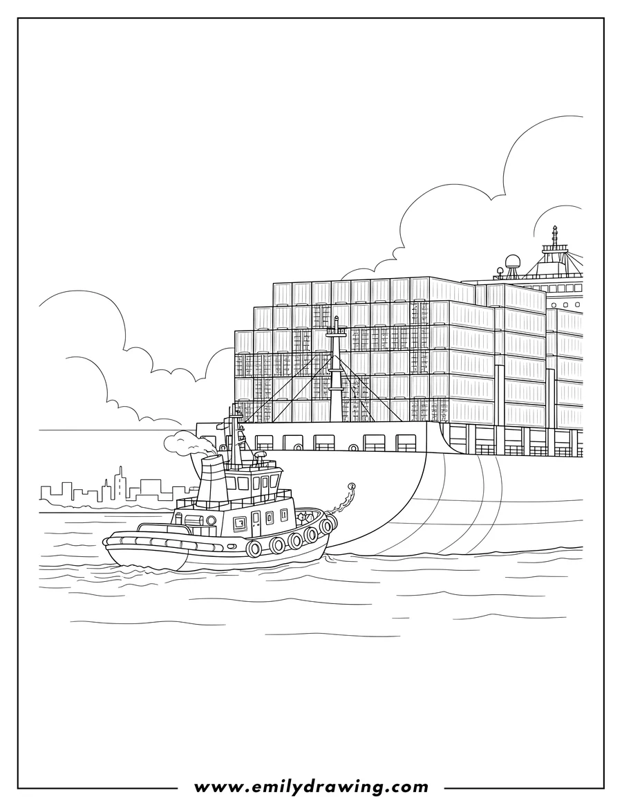 Coloring sheet featuring tugboat guiding a fully loaded container cargo ship from the stern