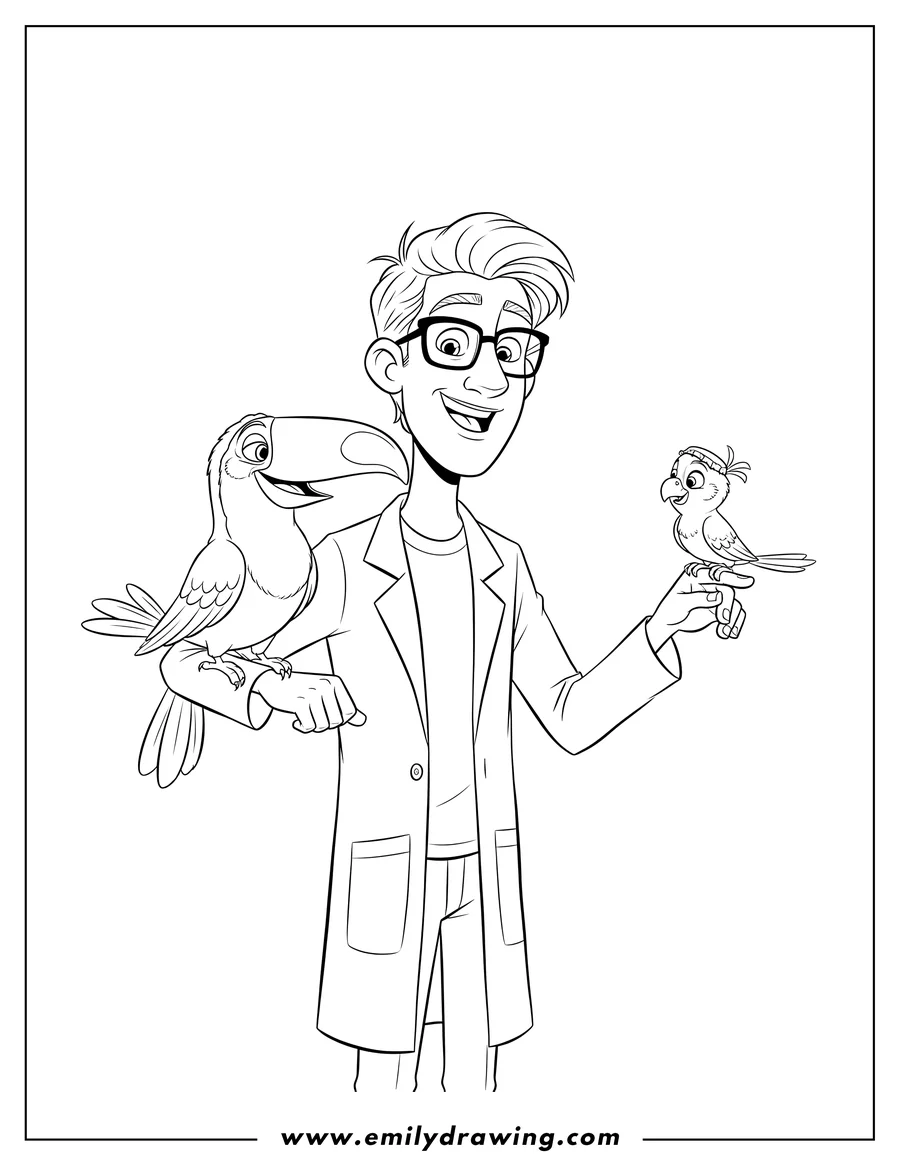 Doodle style coloring picture of tulio Holding Rafael, with Tulio smiling in his lab coat and glasses, holding the parrot on his hand