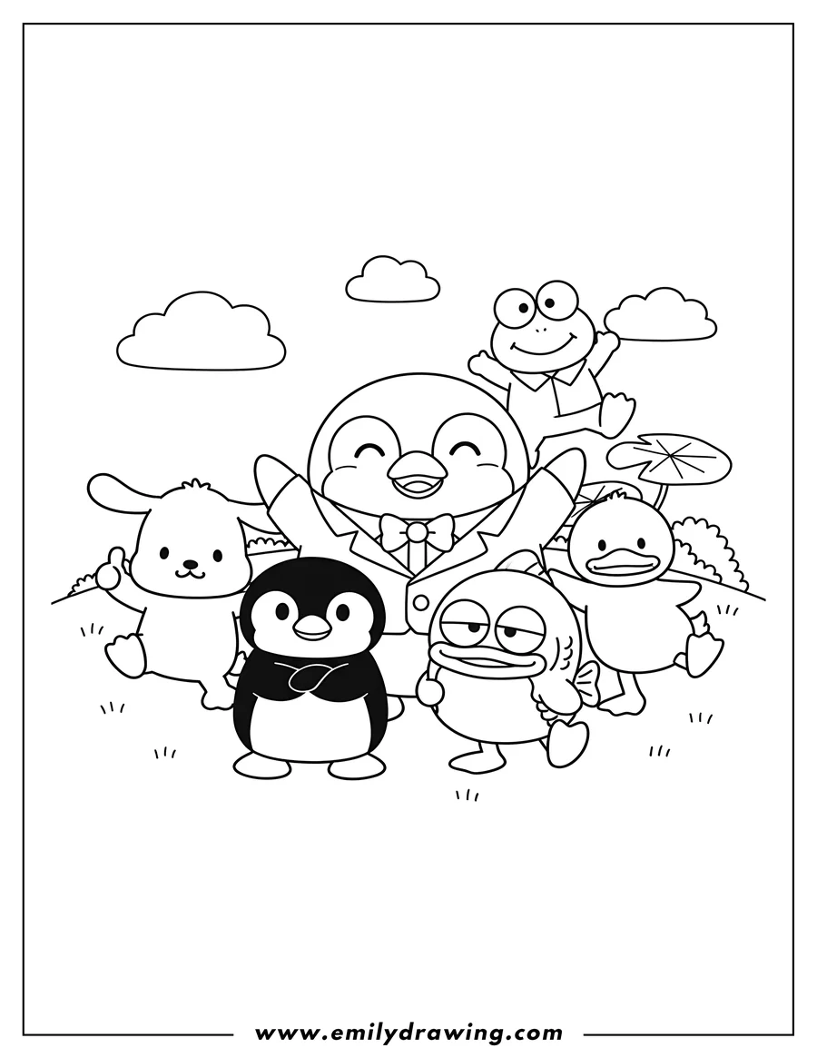 Simple sketch of tuxedo Sam, Pochacco, Pekkle, Badtz Maru, Hangyodon, and Keroppi posing together to color