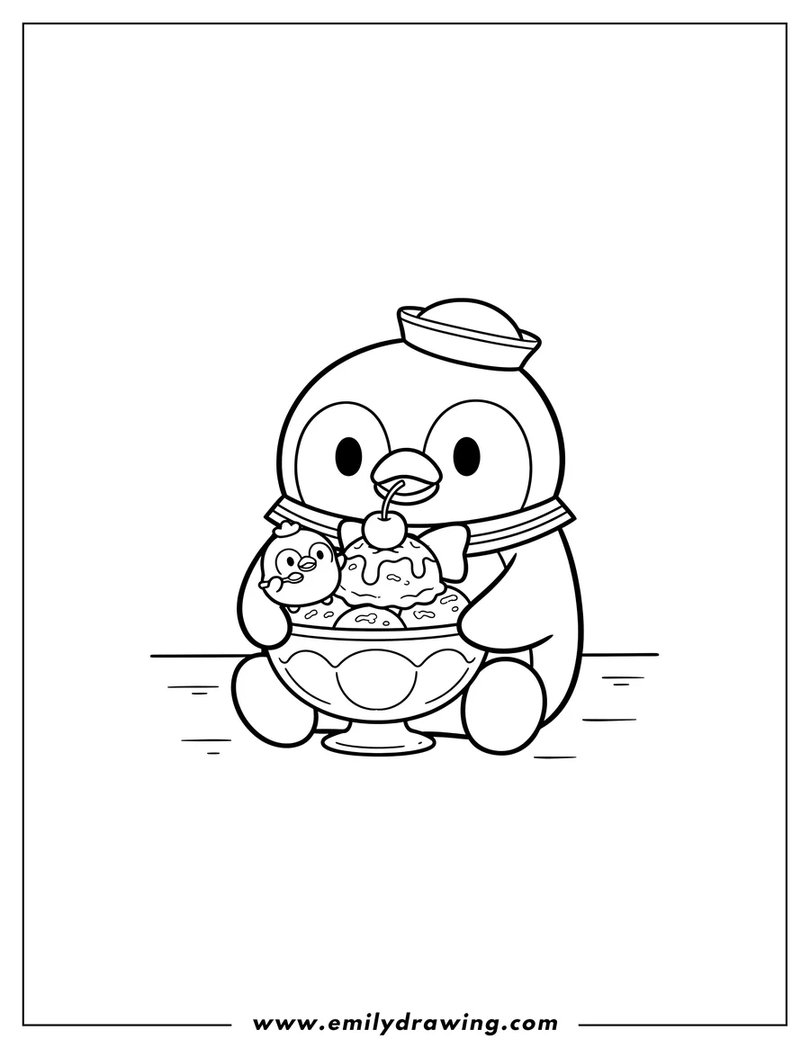 Clean line drawing: tuxedo Sam Ice Cream Bowl, eating it with a cherry on top and a small friend with a spoon