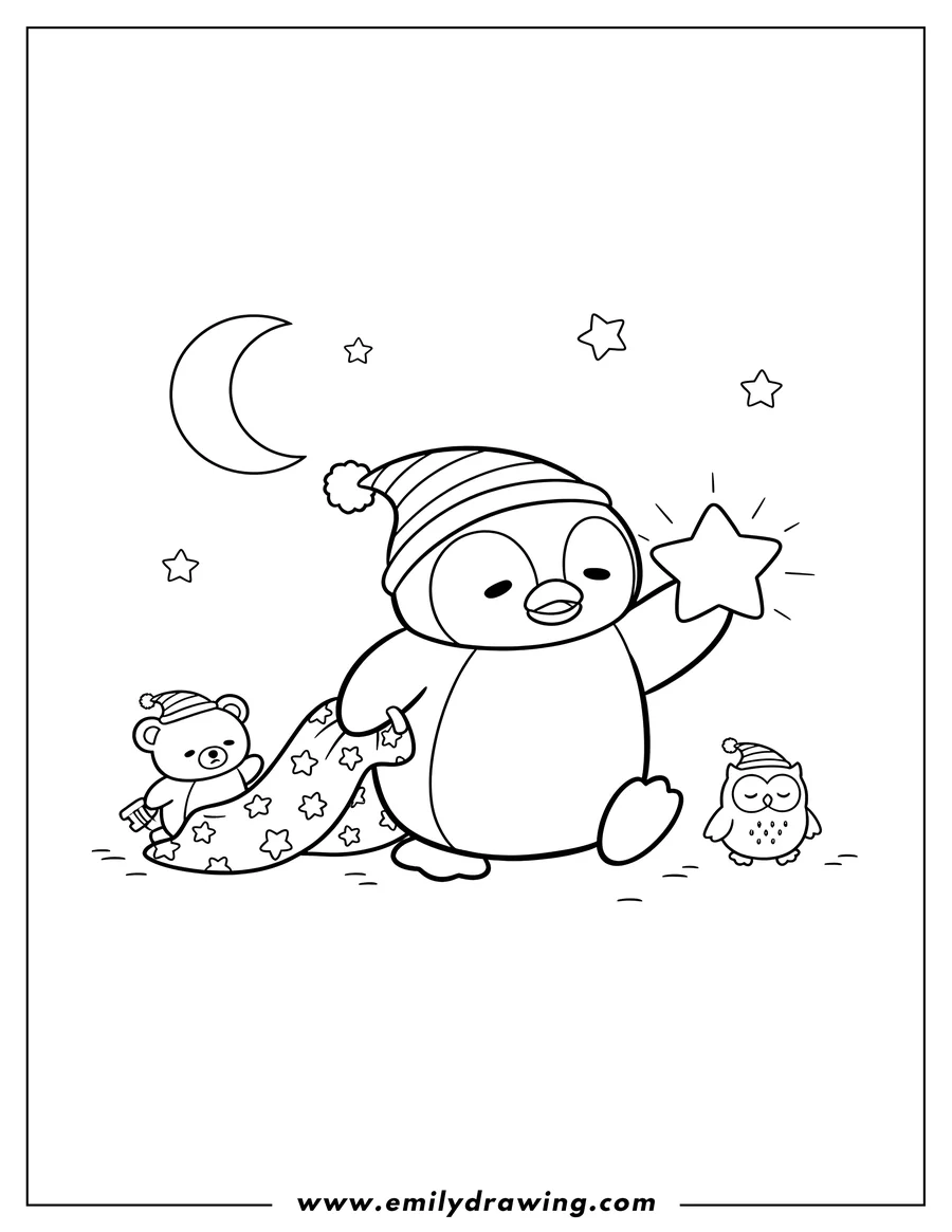 Free printable coloring sheet of tuxedo Sam in a nightcap dragging his blanket, holding a star, with two small friends