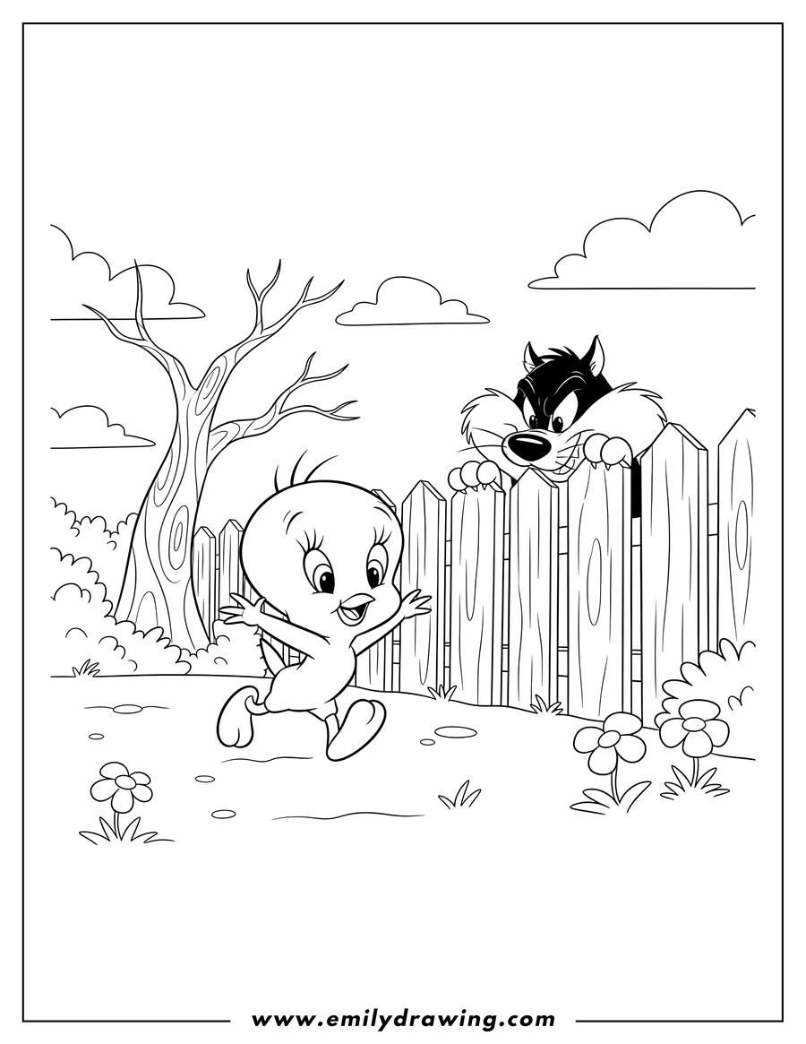 Vector style outline of tweety happily running away from Sylvester crouching behind a fence in a backyard