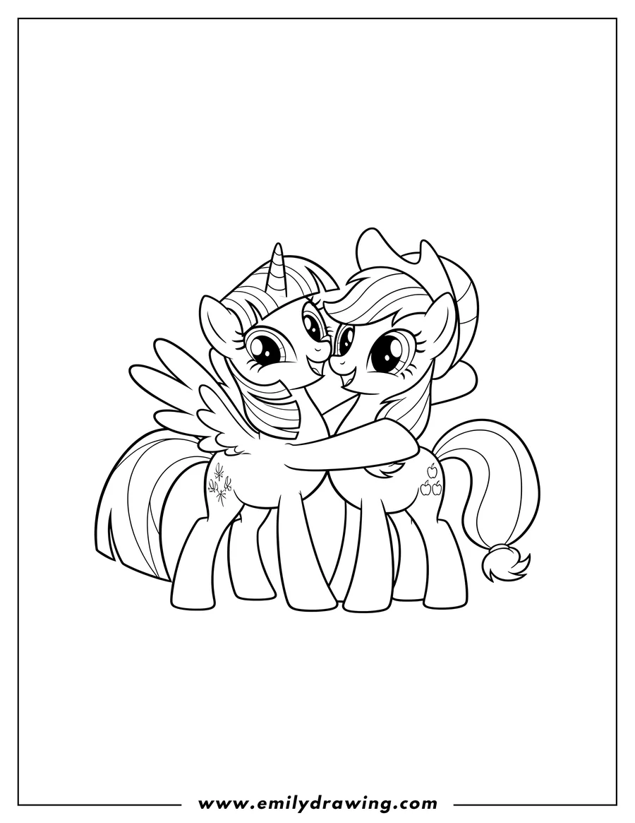Coloring page of twilight Sparkle and Applejack standing, happily hugging