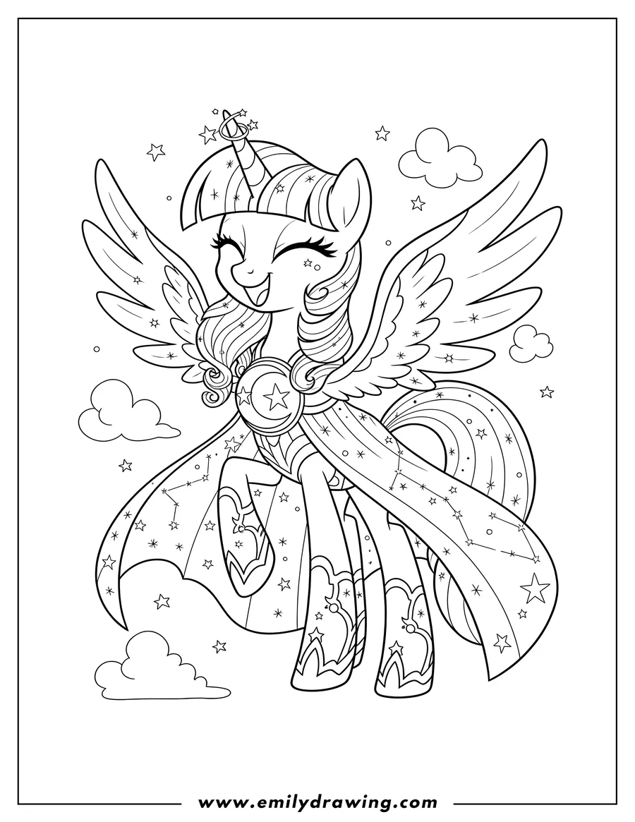 Free printable coloring sheet of twilight Sparkle in a celestial costume, smiling