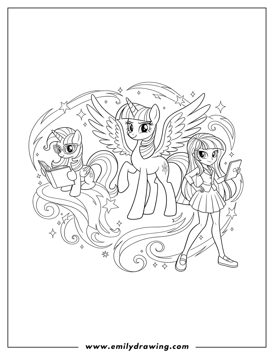 Vector style outline of twilight Sparkle montage featuring her pony, alicorn, and Equestria Girls forms
