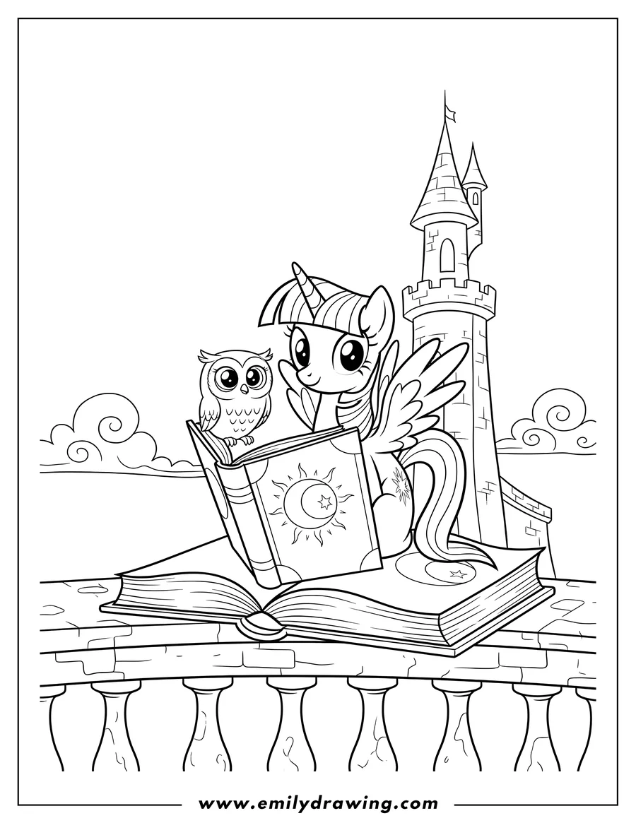 Linear illustration of twilight Sparkle sitting on an open book with Owlowiscious on a balcony