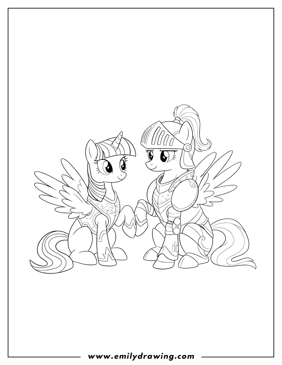 Free to print drawing of twilight Sparkle sitting and armored Flash Sentry holding hooves