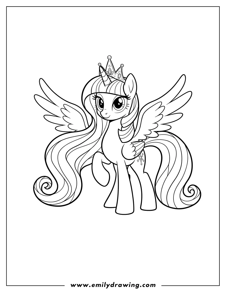 Downloadable coloring page of twilight Sparkle Tv Shows, an alicorn princess wearing a crown, with a long flowing mane and tail