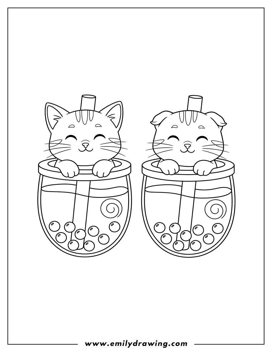 Simple sketch of two adorable smiling kittens in boba tea cups, with paws resting on the rims to color