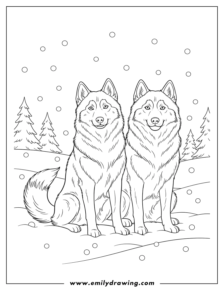 Full page coloring image of two Adult Husky Dogs sitting in the snow To Color