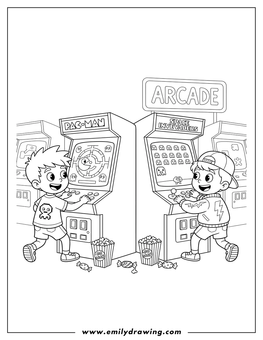 Outline drawing of two boys playing Pac-Man and Space Invaders at 80s arcade machines