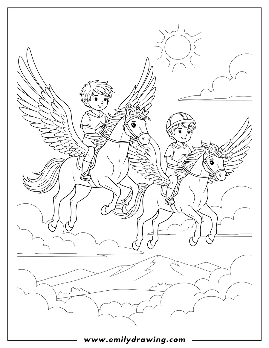 Clean line drawing: two boys riding two flying Pegasi