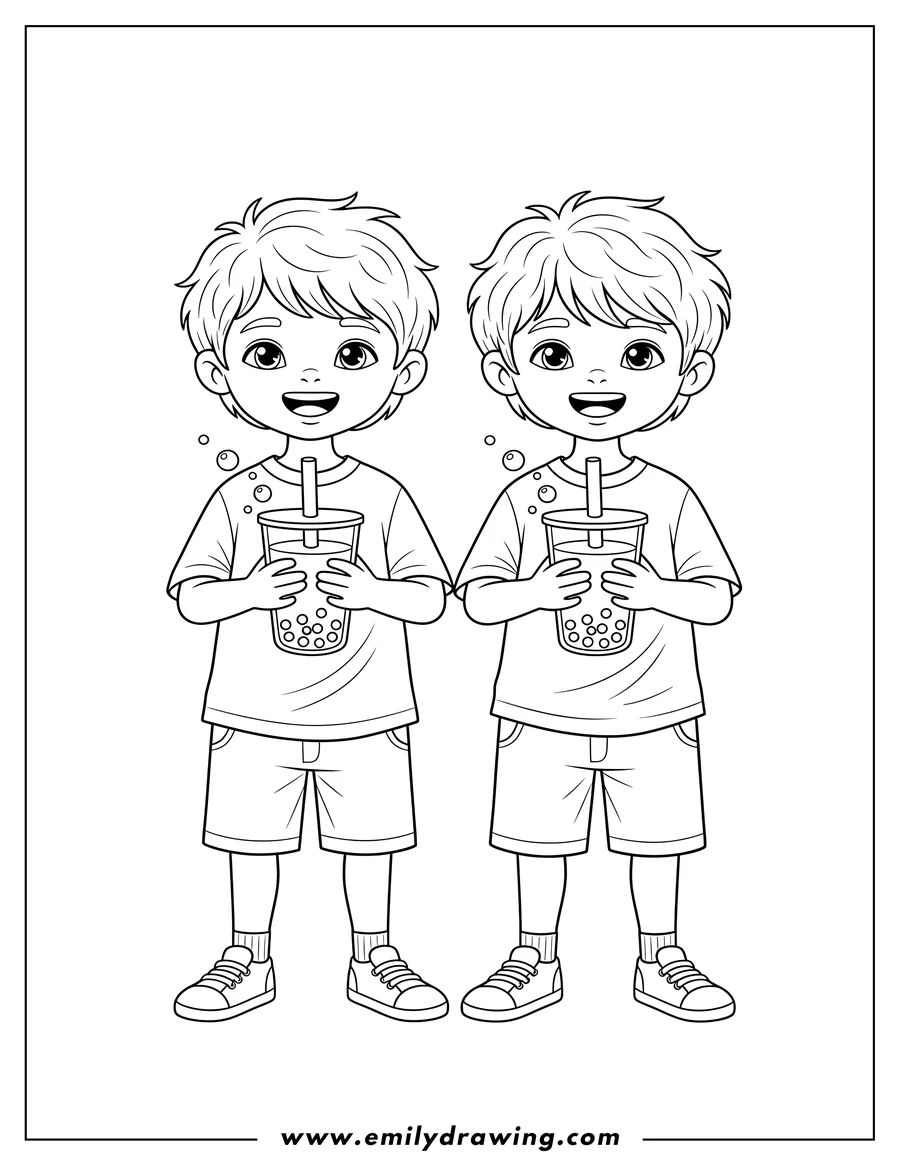 Linear illustration of two boys with shaggy hair, standing side-by-side and enjoying boba tea
