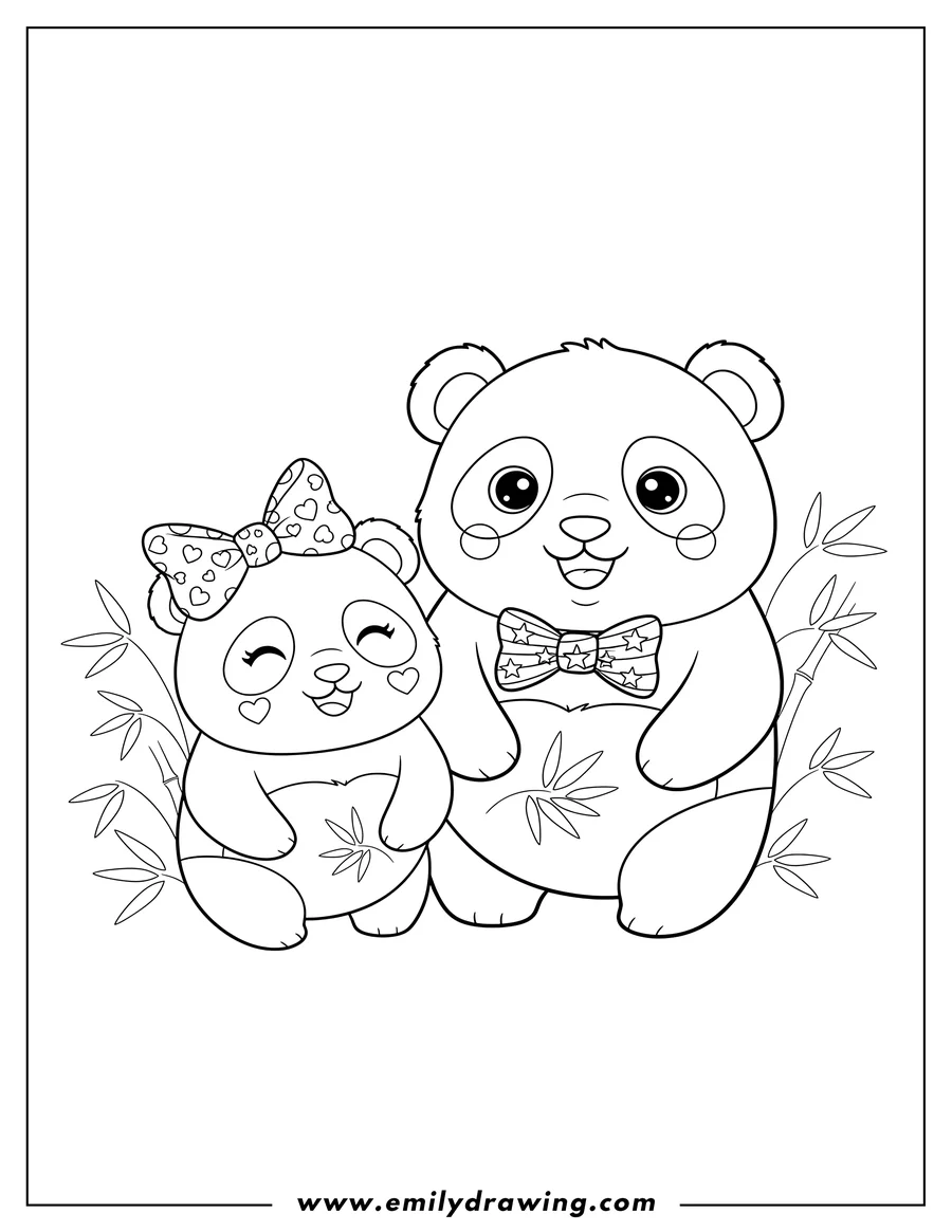 Linear illustration of two Cute Kawaii Pandas Scaled, one with a head bow and another with a bow tie, smiling