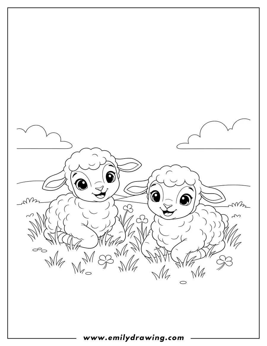 Doodle style coloring picture of two Cute Lambs Resting On Grass, Smiling and Looking Forward To Color Scaled