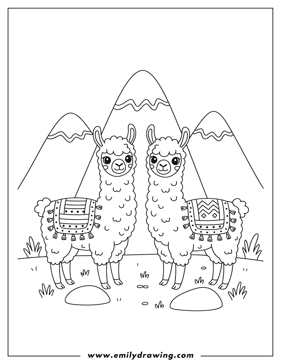 Free printable coloring sheet of two cute llamas standing side-by-side with patterned blankets, in front of a mountain range