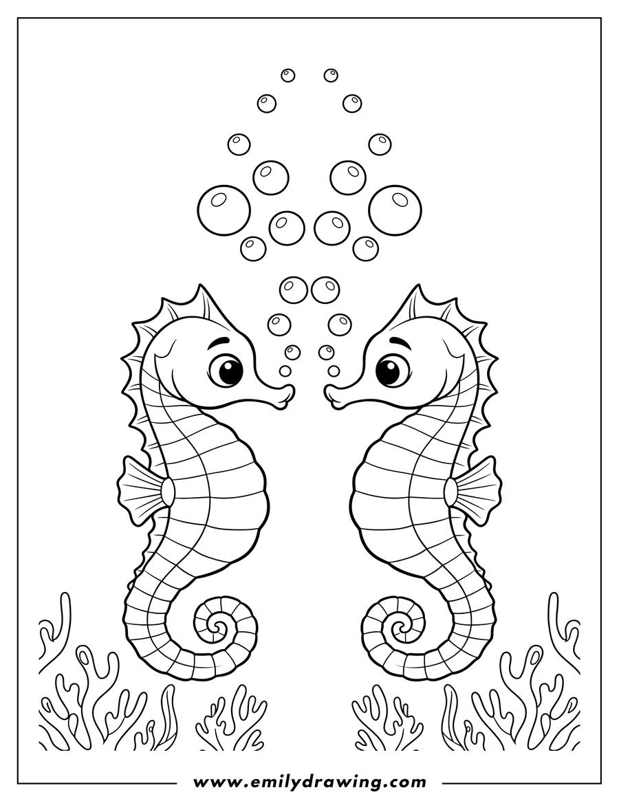 Coloring sheet featuring two Cute Seahorses Blowing Bubbles, facing each other, with curly tails