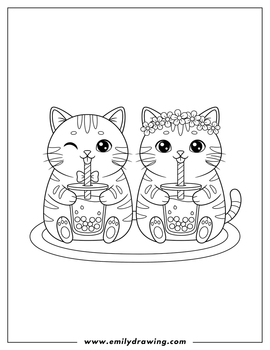 PDF style coloring page: two cute tabby cats sitting and drinking boba tea with pearls