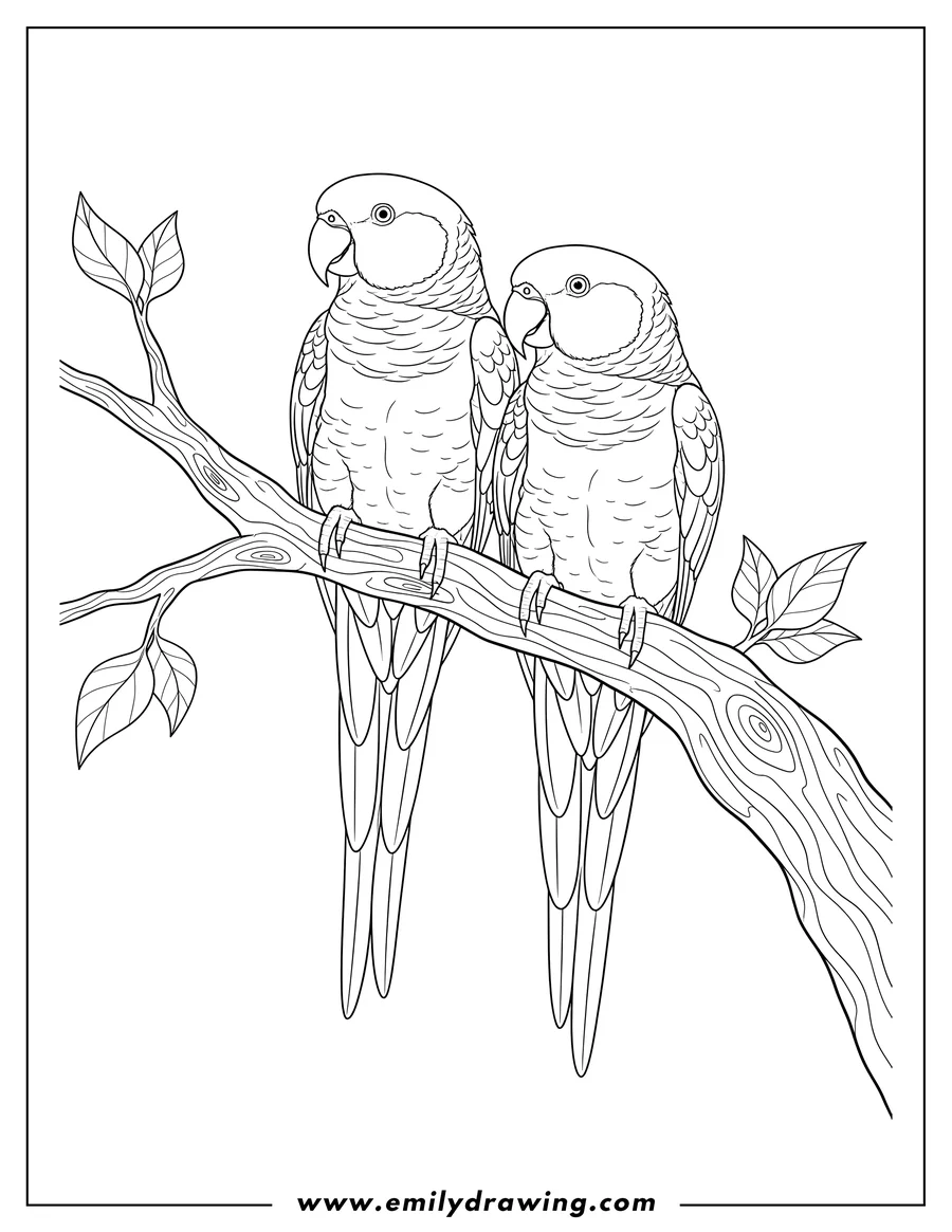 Printable line art of two Detailed Eclectus Parrots perched side-by-side on a branch, with long tails, to color