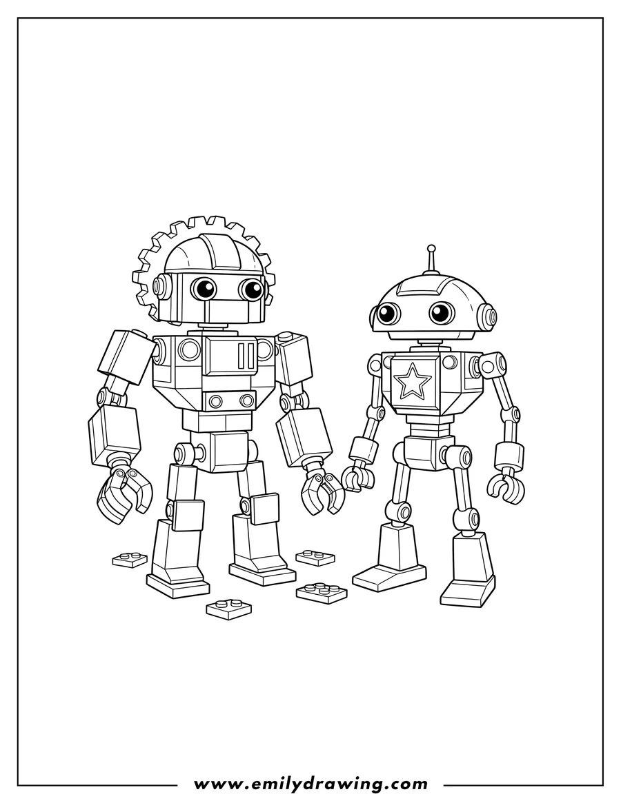 Vector style outline of two detailed Lego robots standing side by side