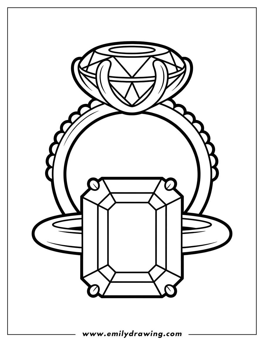 Outline of two diamond rings, one with a round diamond and the other with an emerald cut diamond.