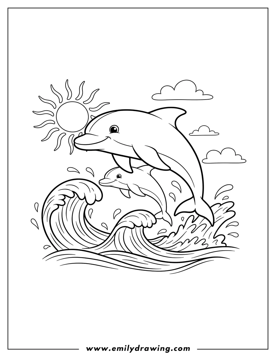 Free printable coloring sheet of two dolphins leaping through ocean waves
