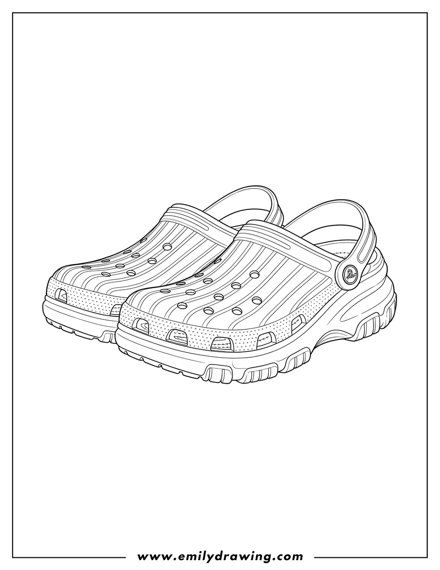 Coloring page for kids: two Crocs Echo Clog shoes, side by side