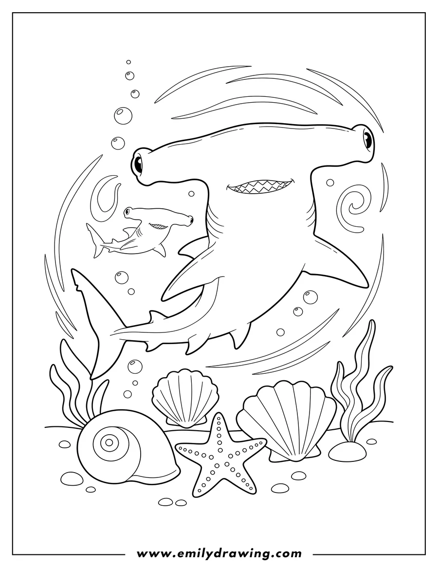 Free to print drawing of easy coloring page of two hammerhead sharks swimming with various seashells