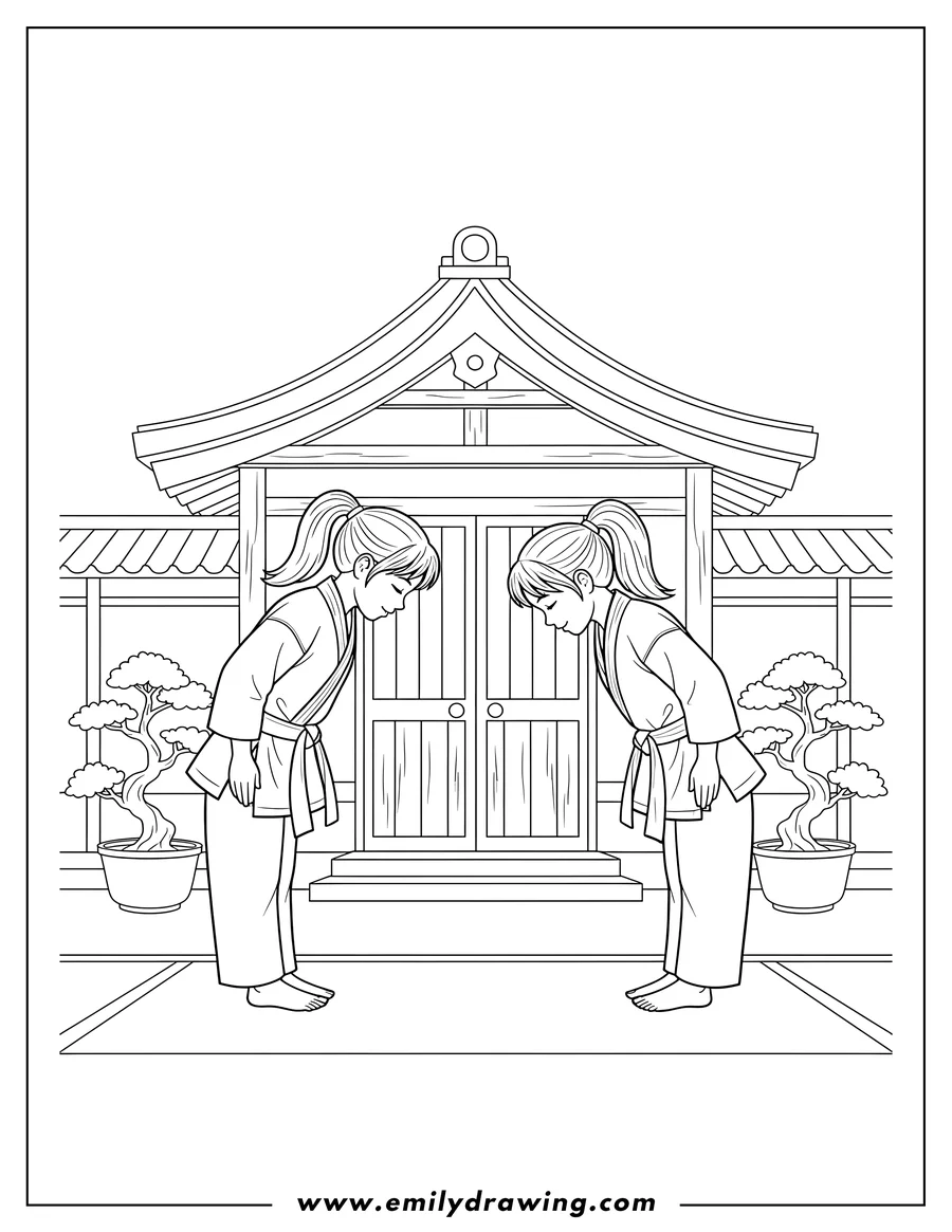 PDF style coloring page: two Karate Girls bowing respectfully to each other in front of a traditional dojo