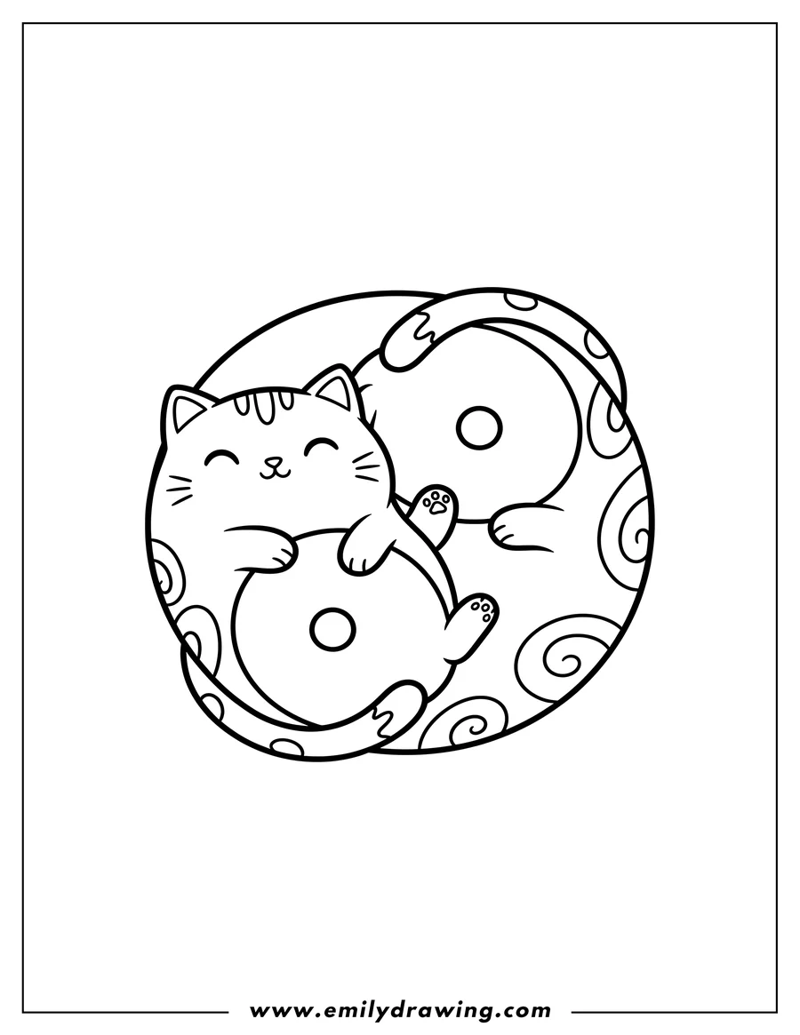 Free to print drawing of two Kawaii Cats Cuddling in a Yin And Yang shape
