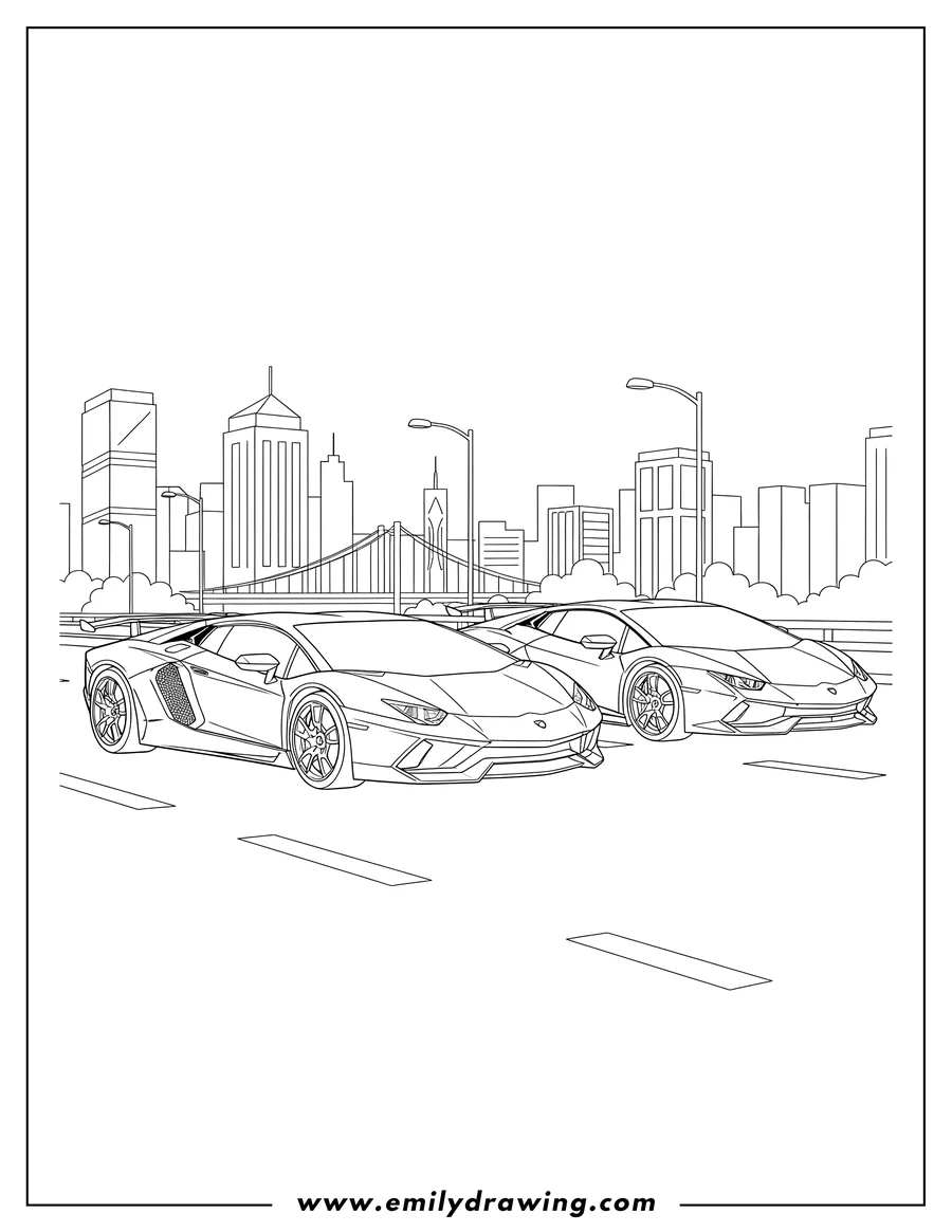 Doodle style coloring picture of two Lamborghini cars racing on a city road, one car slightly ahead
