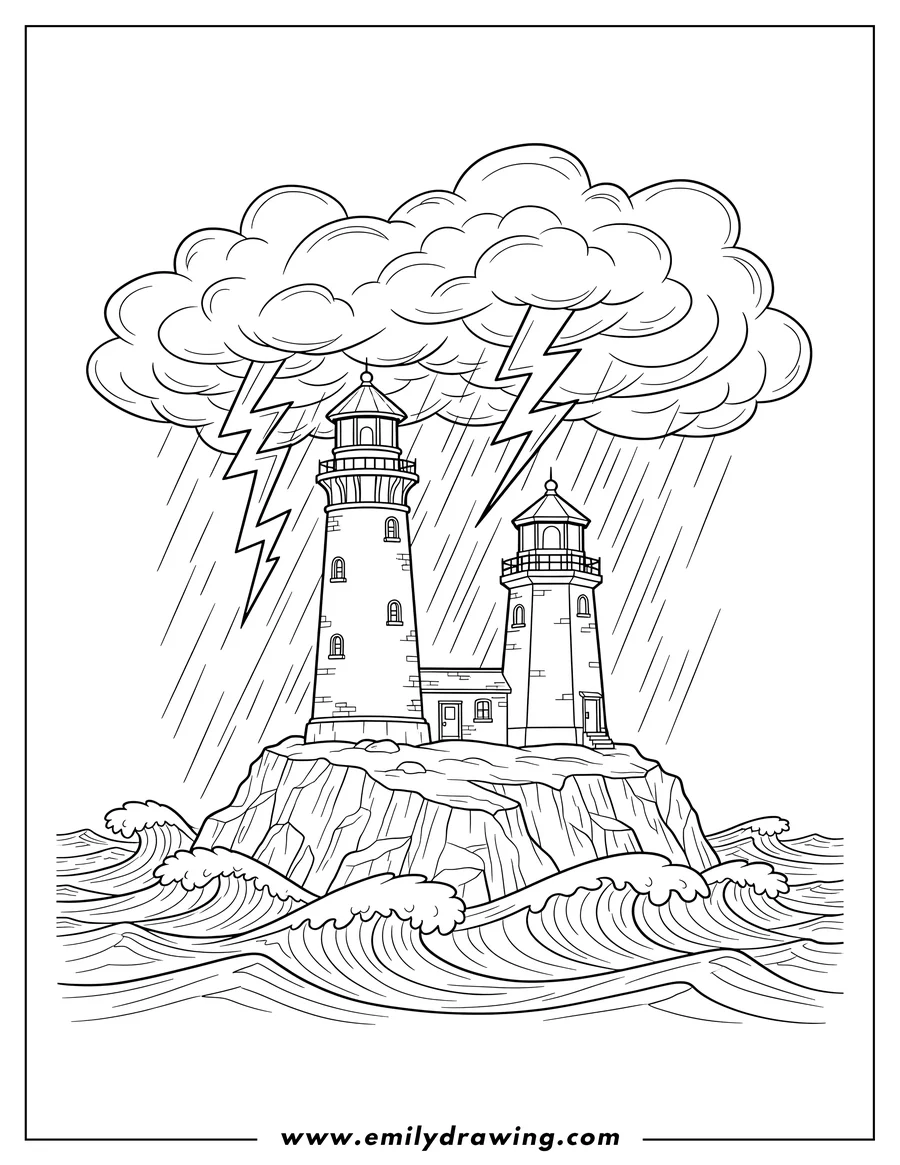 PDF style coloring page: two lighthouses on a rocky island with lightning during a thunderstorm