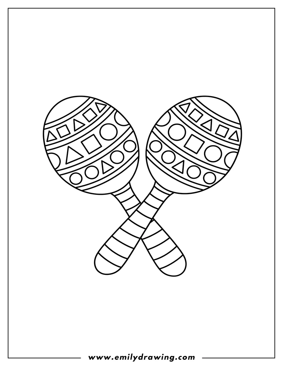 Printable line art of two Maracas With Geometric Print and Striped Handles