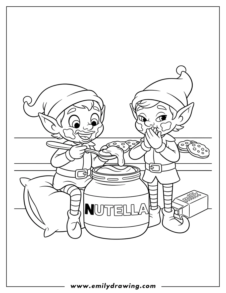Outline drawing of two naughty elves with Nutella, one eating with a spoon from a big jar, the other covering its mouth mischievously