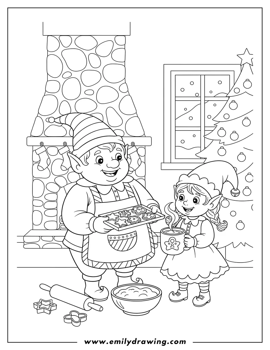 Clean line drawing: two North Pole Elves baking and sharing Christmas cookies with hot cocoa