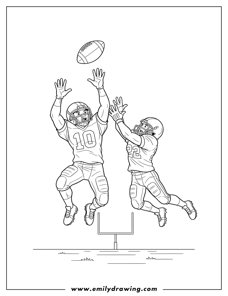 Printable coloring page of two football players leaping for a football