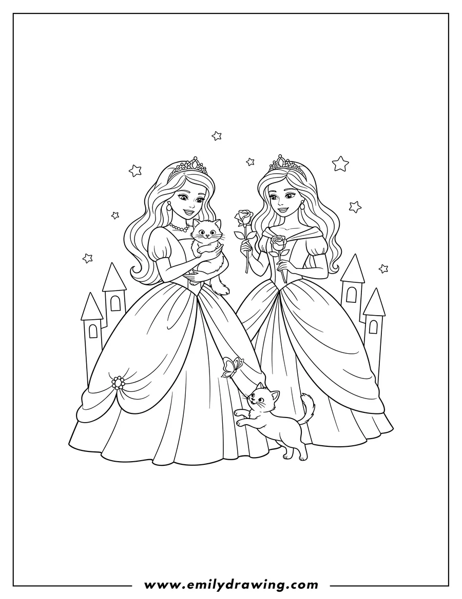 Doodle style coloring picture of two Princess Barbies, one holding a cat, the other holding a rose, with a cat playing with a butterfly