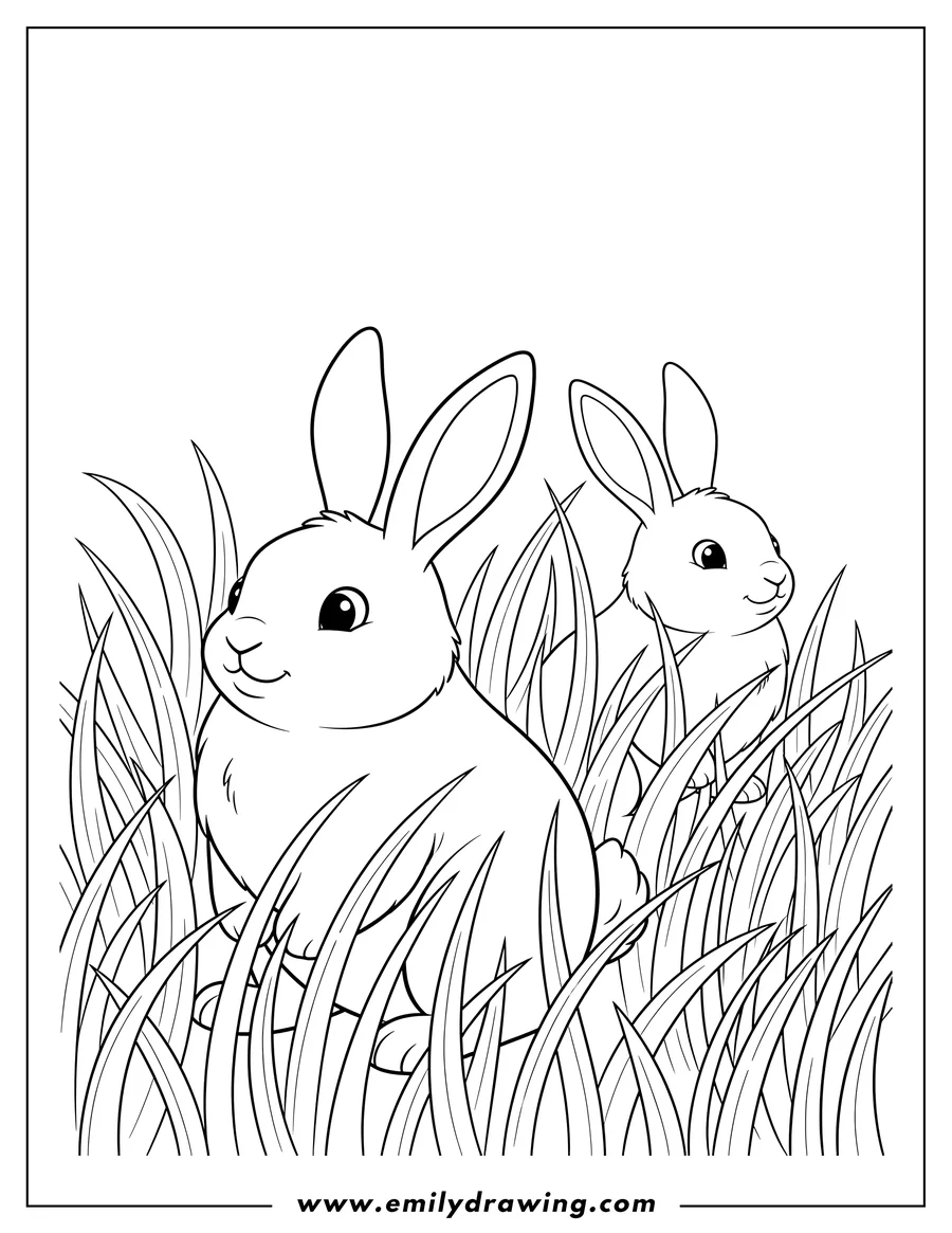Free to print drawing of two rabbits in tall grass, one in the foreground looking left and one in the background looking right