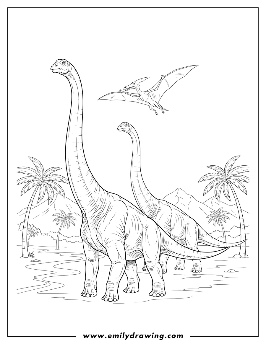 Downloadable coloring page of two realistic Brachiosaurus, one with a Pterodactyl flying nearby